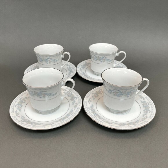 Somerset by NL Excel Cups and Saucer Sets Plates Floral Platinum Trim Lot of 8 - Picture 1 of 7